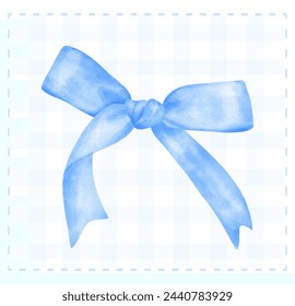 Trendy Blue Coquette ribbon bow Watercolor hand painting 