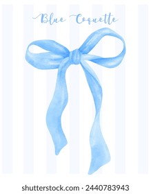 Trendy Blue Coquette ribbon bow Watercolor hand painting soft pastel