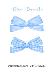 Trendy Blue Coquette ribbon bows Watercolor hand painting soft pastel set