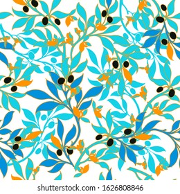 Trendy Blue Floral pattern in the many kind of leaves. Tropical botanical Motifs. Seamless vector texture. Printing with in hand drawn style. Flourish ornamental garden.
