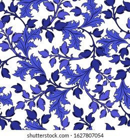 Trendy Blue Floral pattern in the many kind of branch and leaves. Tropical botanical Motifs. Seamless vector texture. Printing with in hand drawn style. Flourish ornamental garden.
