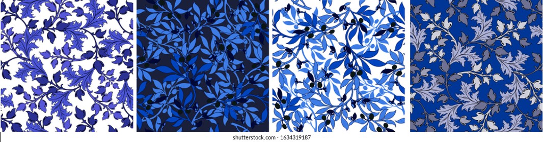 Trendy Blue Floral patterns in the many kind of branch and leaves. Tropical botanical Motifs. Seamless vector texture. Printing with in hand drawn style. Flourish ornamental garden. Blue watercolor