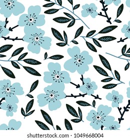 Trendy blue flowers and branches vector seamless pattern. Floral background.