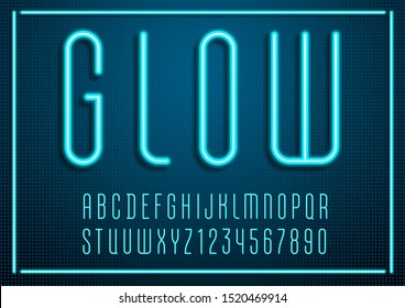 Trendy blue font, vibrant modern alphabet, neon colored letters and numbers, vector illustration 10eps