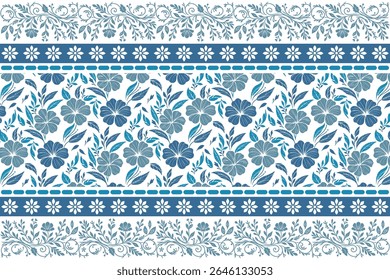 trendy blue line floral border with sketch petals and clean botanical outlines for pillow covers and bedding

