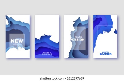 Trendy Blue Paper Cut Layered Shapes Banner. Origami layered curve design Abstract map carving. Space for Text.