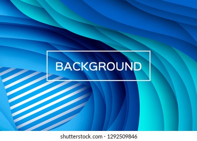 Trendy Blue Paper Cut Wave Shapes Banner. Origami layered curve design for business presentations, flyers, posters. Gorizontal 3D abstract map carving. Text. Rectangle Frame. Line.