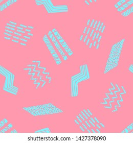 Trendy blue and pink seamless pattern with doodle striped geometric shapes. Abstract bright fashion vector texture with hand drawn elements for textile, wrapping paper, surface, background, wallpaper