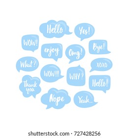 Trendy blue speech bubbles set with short popular messages: yes, thank you, bye, omg, wow, xoxo, yeah, hello. Vector illustration in circle 