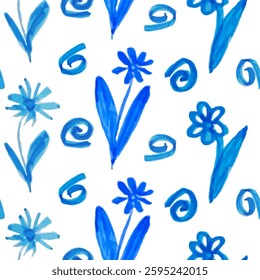 Trendy Blue Watercolor Floral Pattern with Hand Drawn Swirls on White