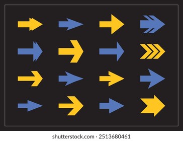 Trendy blue and yellow silhouette and isolated pointy sharp edge direction arrows icons design element set with different shapes and thin white border on black background