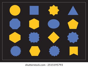 Trendy blue and yellow solid silhouette and isolated pointy sharp edge different geometrical shapes emblem icons set design element with white thin line border on black background