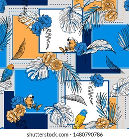 Trendy blue and yellow tropical plants and birds Silk scarf pattern mixed with  square shape ,flowers and leaves and hand drawn ,Design for fashion, fabric, web, wallpaper, wrapping 