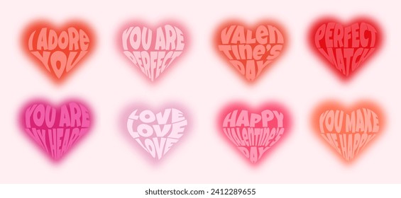 Trendy blur hearts set with text inside. Happy valentines day design elements. Y2k style objects for social media, poster, card, print, banner. Flat vector illustration.