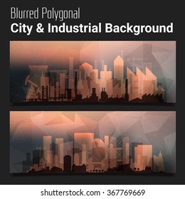 Trendy blurred polygonal website header slider webdesign kit with city skyline & industrial backgrounds