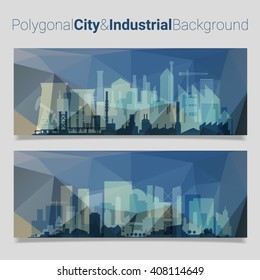 Trendy blurred polygonal website header slider webdesign kit with city skyline and industrial backgrounds