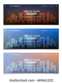 Trendy blurred polygonal website header slider webdesign kit with city skyline and industrial backgrounds