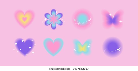 Trendy blurry gradient shapes collection in y2k style. Flower, butterfly, hearts with aura effect on pink background. Vector 