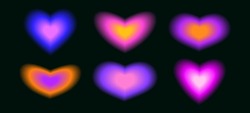 Trendy Blurry Heart Shape Set. Y2k Aura Collection. Blurred Smooth Gradient Elements For Logo, Templates, Badges, Stickers, Collages. Vector Pack On Dark Background