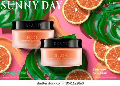 Trendy blush ads, top view of blush products isolated on tropical leaves and grapefruit background, in 3d illustration