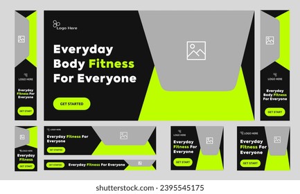 Trendy body fitness web bundle banner design for social media post, exercise training web banner design, fully customizable vector eps 10 file format