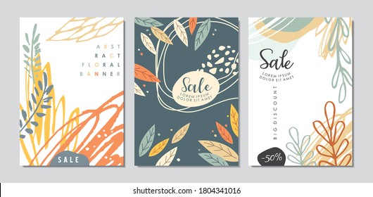 Trendy bohemian style floral sale banners and posters templates. Plants and trees abstract greeting card or invitation designs. Vector illustration.