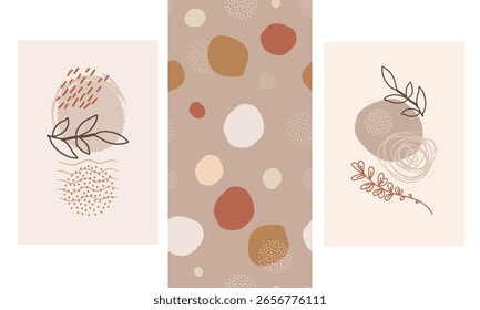 Trendy boho abstract set of modern minimalist posters and seamless pattern, soft earthy tones, dots, spots and botanical elements. For branding, packaging, textile prints, social media design