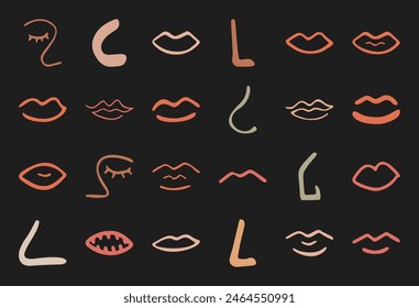 Trendy boho asymmetric eye and nose symbol set, doodle geometric amorphous face shape art, cute abstract random lips silhouette, modern organic minimal form collection, flat liquid element graphic,