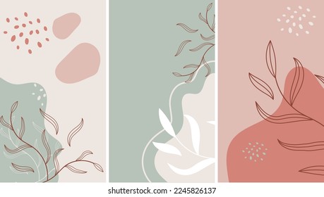 Trendy boho chic wall art vector illustration. Soft-toned colored set of minimalistic patterns with muted elegant abstract lines and various shapes nature leaves hand drawn.