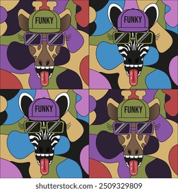 Trendy Boho Groovy style poster cover template design with funky Weird animal. Zebra giraffe pop art print. Vector illustration. EPS 10