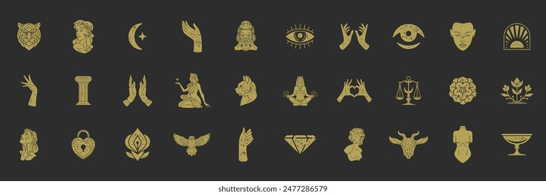 Trendy boho shapes and women illustrations set. Mysterious feminine and esoteric symbols. Aesthetic texture effect. Elements for posters design and stickers. Vector illustration.