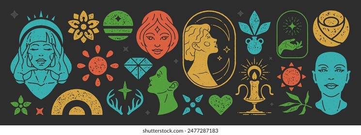 Trendy boho shapes and women illustrations set. Mysterious feminine and esoteric symbols. Aesthetic texture effect. Elements for posters design and stickers. Vector illustration.