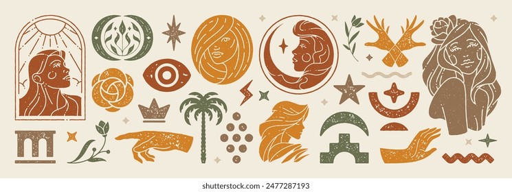 Trendy boho shapes and women illustrations set. Mysterious feminine and esoteric symbols. Aesthetic texture effect. Elements for posters design and stickers. Vector illustration.