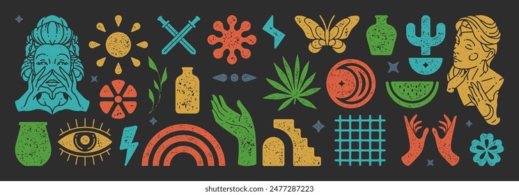 Trendy boho shapes and women illustrations set. Mysterious feminine and esoteric symbols. Aesthetic texture effect. Elements for posters design and stickers. Vector illustration.