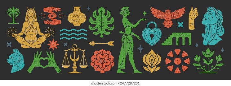 Trendy boho shapes and women illustrations set. Mysterious feminine and esoteric symbols. Aesthetic texture effect. Elements for posters design and stickers. Vector illustration.