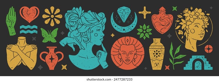 Trendy boho shapes and women illustrations set. Mysterious feminine and esoteric symbols. Aesthetic texture effect. Elements for posters design and stickers. Vector illustration.