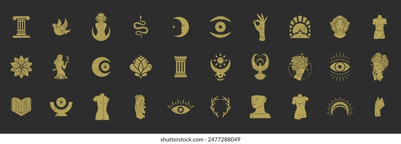 Trendy boho shapes and women illustrations set. Mysterious feminine and esoteric symbols. Aesthetic texture effect. Elements for posters design and stickers. Vector illustration.