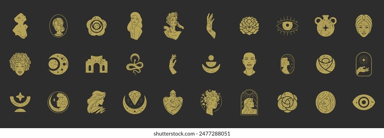 Trendy boho shapes and women illustrations set. Mysterious feminine and esoteric symbols. Aesthetic texture effect. Elements for posters design and stickers. Vector illustration.