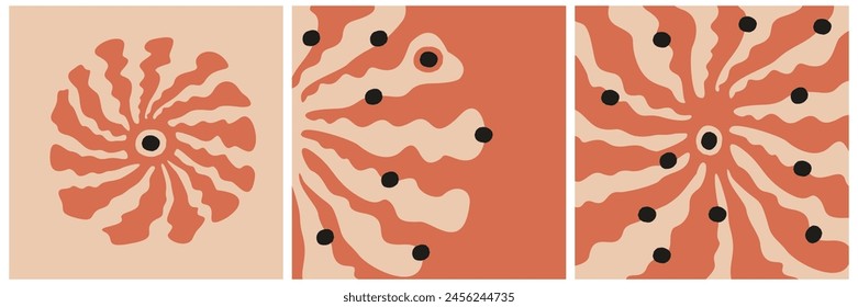 Trendy Boho Style Vector Print with Abstract Flowers. Tropical Design for Poster, Wall Art. Coral Red Hand Drawn Flowers with Black Dots Ioslated on a Beige Background. RGB.