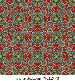 Trendy boho tile. Creative Ethnic Mandala seamless pattern. Perfect for wrapping paper, wallpaper, textile and surface design. Unique brown, pink and blue geometric vector swatch.