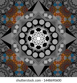 Trendy boho tile. Unique blue, gray and brown geometric vector swatch. Perfect for wrapping paper, wallpaper, textile and surface design. Creative Ethnic Mandala seamless pattern.