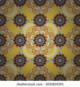 Trendy boho tile. Unique orange, yellow and gray geometric vector swatch. Creative Ethnic Mandala seamless pattern. Perfect for wrapping paper, wallpaper, textile and surface design.