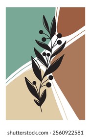 Trendy boho wall poster with pastel colors stains, lines and black silhouette branches with leaves and berries. Green, terracotta, beige, mint colors. Modern art floral design, interior, bedroom