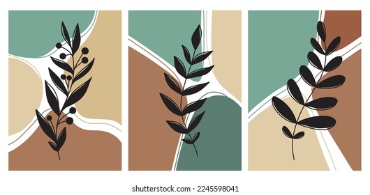 Afiche de moda en la pared de boho con tres manchas de colores pastel, líneas y ramas de silueta negra con hojas y bayas. Verde, terracota, beige y colores menta. Diseño floral de arte moderno, interior, dormitorio