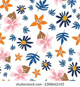 Trendy bold floral pattern. Multicolour flower buds on a white background. Pink and blue flowers . Repeatable vector pattern for textile, fabric and print.