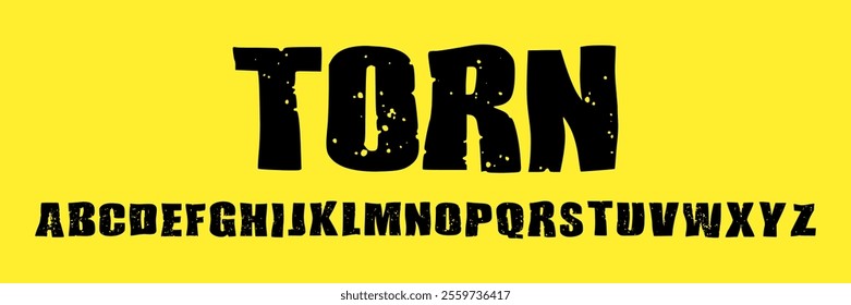 Trendy bold font with torn, uneven edges. Set of creative letters with scuff, scratch and splash texture.