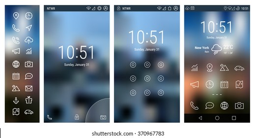 Trendy Bold Line Mobile Smartphone UI App Template, With Basic App And Wireframe Ui Bold Line Icon Set, On Blurred Background. Welcome, Lock And Home Page Screens