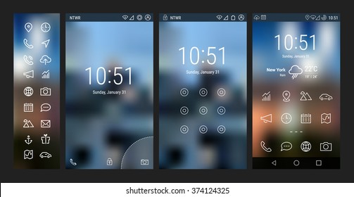 Trendy bold line mobile smartphone UI app template, with basic app and wireframe ui bold line icon set, on blurred background. Welcome, lock and home page screens
