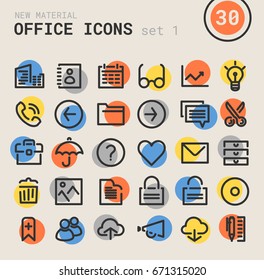 Trendy bold linear office icons in bright colored retro 80s, 90s style, set 1
