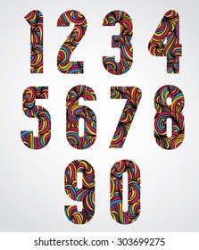 Trendy bold numbers design decorated with beautiful colorful hand drawn pattern, vector design.
